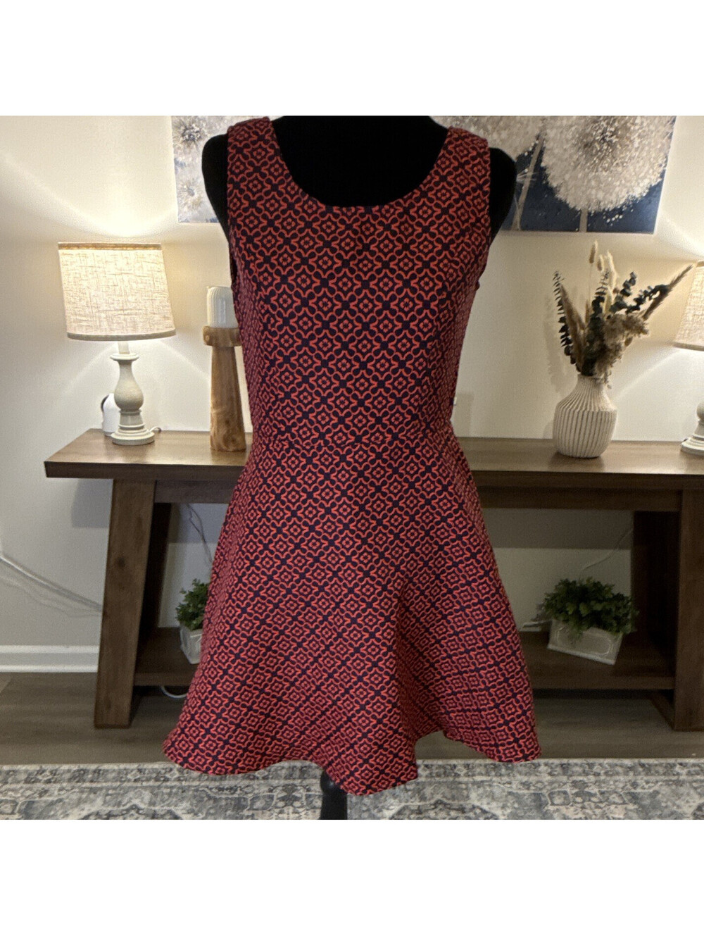 Alythea Fit & Flare Geometric Coral/Navy Sleeveless Dress Size S